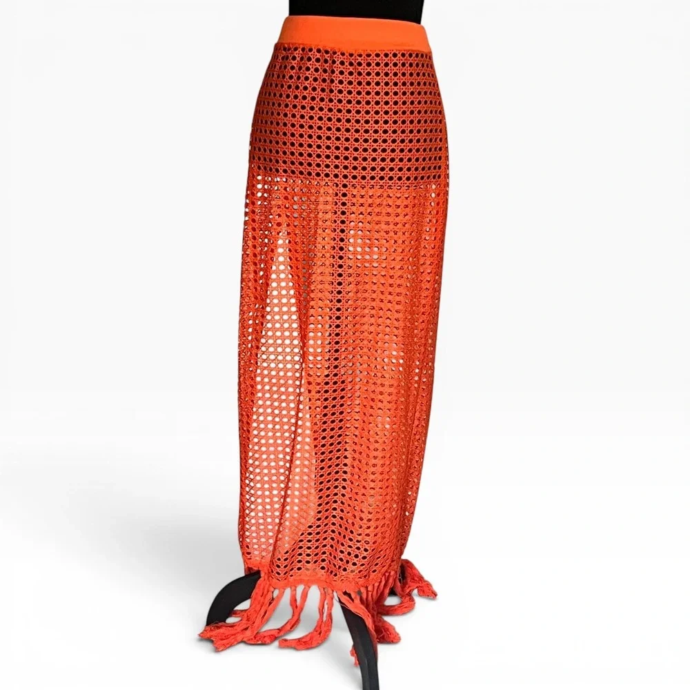 Orange Crochet Maxi Skirt Fringe Side Slit Boho Beach Cover Up S Cane Weave